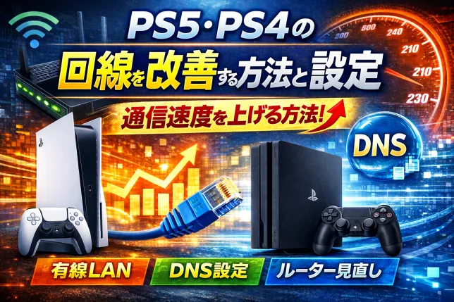 PS5・PS4の通信速度を改善する方法と設定を解説するアイキャッチ画像。有線LAN・DNS設定・ルーター見直しで回線速度を上げる方法を紹介