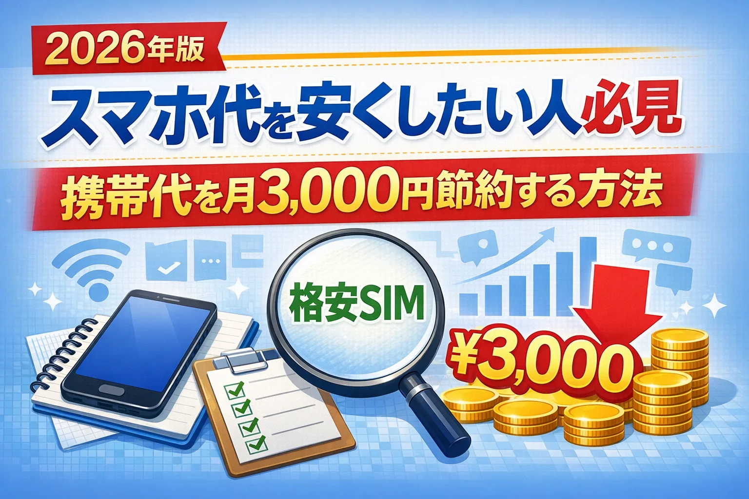スマホ代や携帯代を安くしたい人向けに月3000円節約する方法を解説したイメージ画像