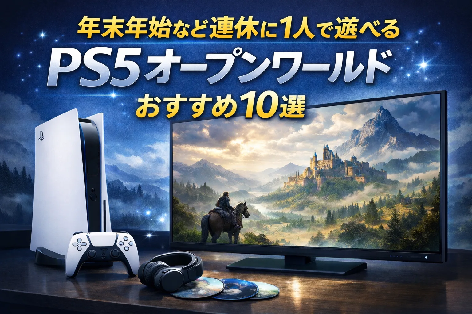 年末年始など連休に1人で遊べるPS5のオープンワールドおすすめゲーム10選を紹介するタイトル画像。PS5本体とコントローラー、モニターに広大なゲーム世界が映っている