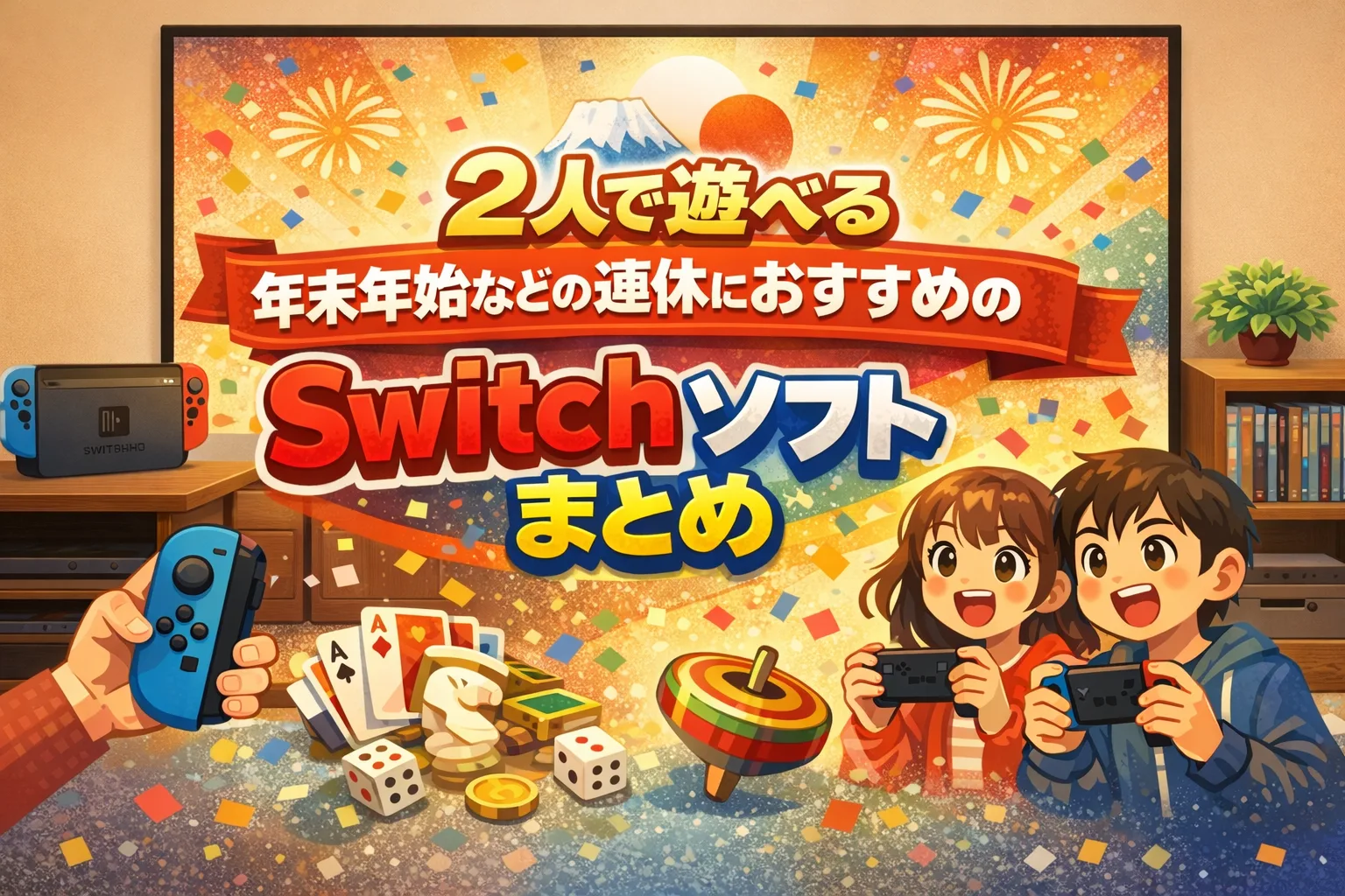 2人で遊べる年末年始などの連休におすすめのNintendo Switchソフトをテレビ画面で紹介しているイラスト
