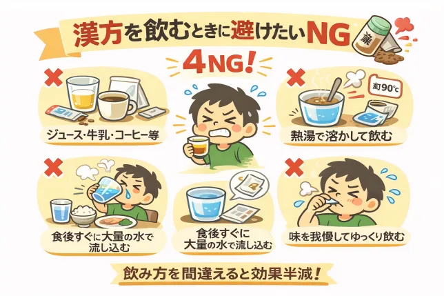 漢方を飲むときに避けたいNGな飲み方を図解で解説。ジュース・牛乳・コーヒーと一緒に飲む、熱湯で溶かす、食後すぐに大量の水で流し込む、味を我慢してゆっくり飲むなど、漢方の効果を下げやすい飲み方をまとめたイラスト