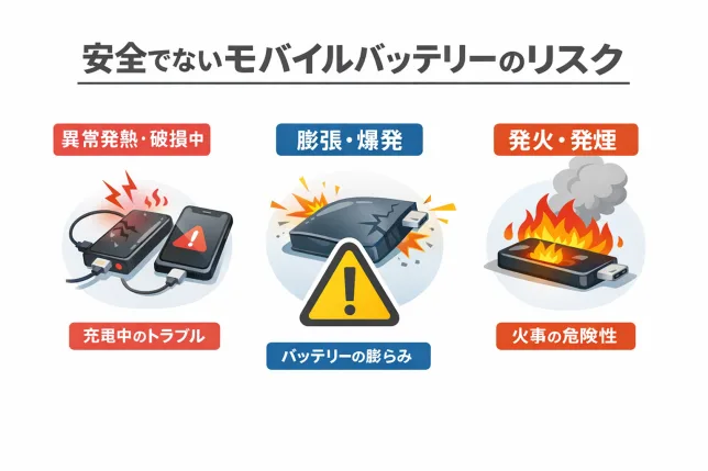 安全でないモバイルバッテリーのリスクを図解。異常発熱・膨張・発火などの危険性を示し、安全なモバイルバッテリーを選ぶ重要性をわかりやすく解説したイラスト