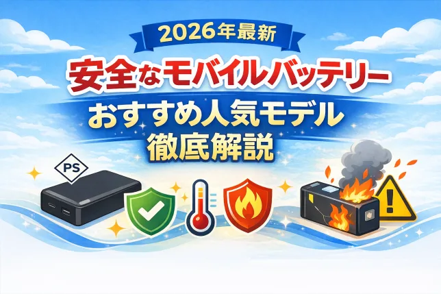 2026年最新の安全なモバイルバッテリーおすすめ人気モデルを解説した記事用タイトル画像。PSE対応や発火防止など安全性を重視したモバイルバッテリーのイラスト。