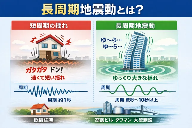 長周期地震動とは何かをわかりやすく解説した図解。短周期の地震による速い揺れと、長周期地震動による高層ビルのゆっくり大きな揺れの違いを比較しているイラスト