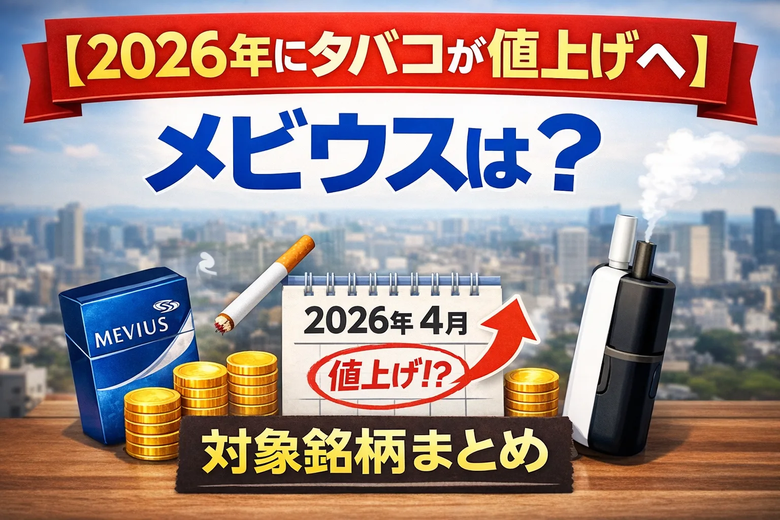 2026年にタバコが値上げされる予定について、メビウスを中心に対象銘柄と時期を解説したイメージ画像