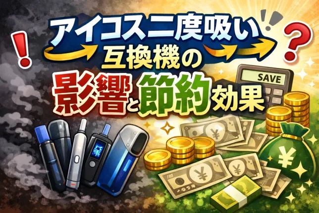 アイコスの二度吸いができる互換機と、影響や節約効果を分かりやすくイラストで解説した画像