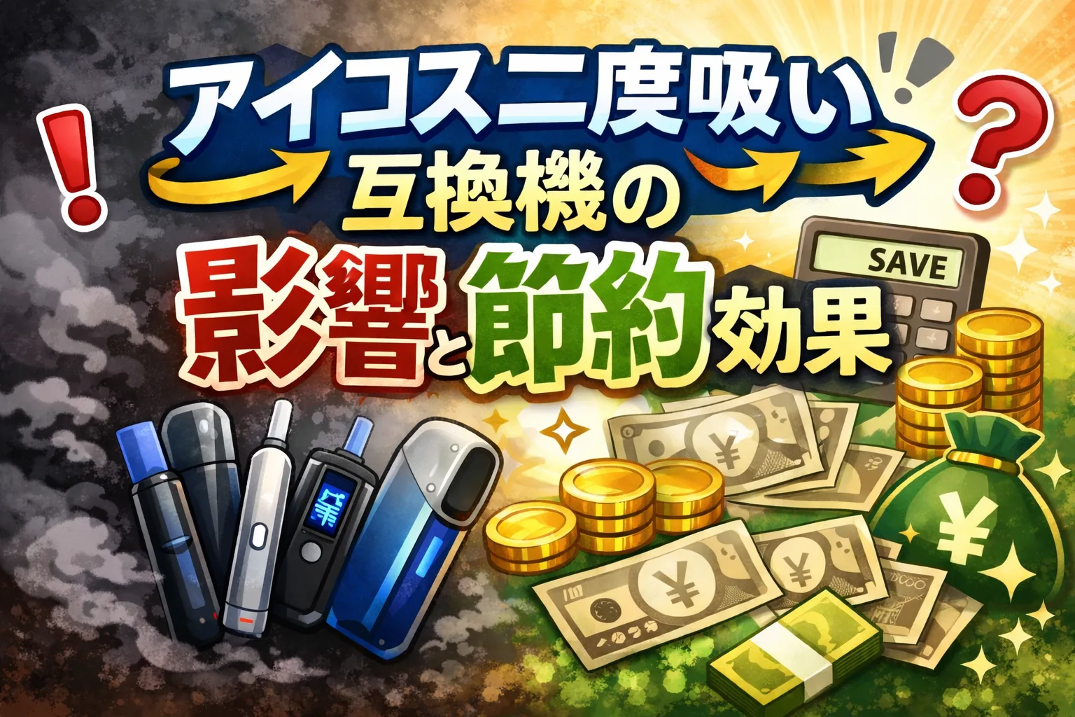 アイコスの二度吸いができる互換機と、影響や節約効果を分かりやすくイラストで解説した画像