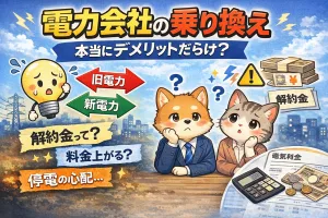 電力会社の乗り換えデメリットを解説するイラスト。解約金や料金値上げ、停電の心配など新電力への切り替え時の注意点を紹介