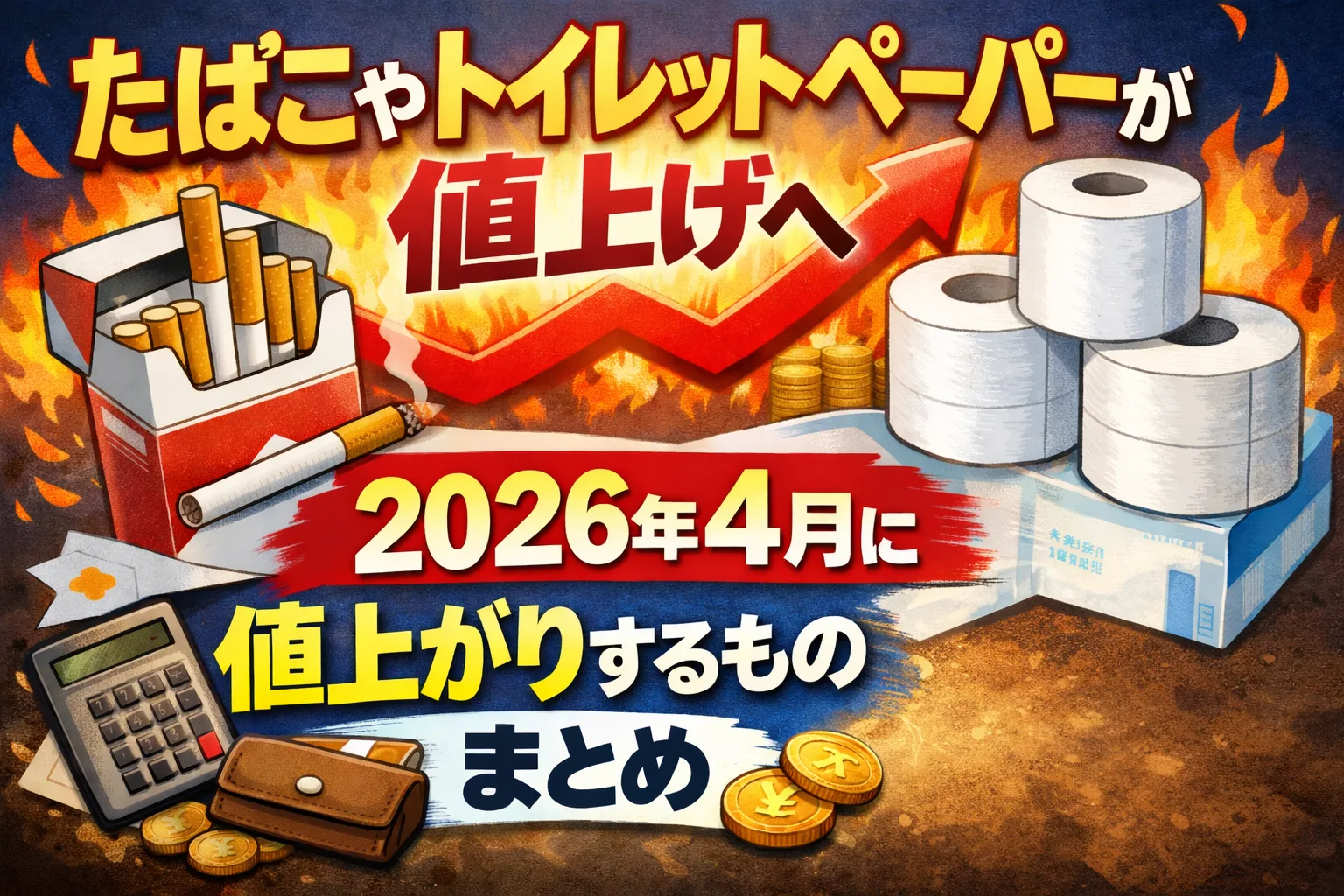 2026年4月に値上げされるたばこやトイレットペーパーなど食品以外の価格改定を解説するアイキャッチ画像