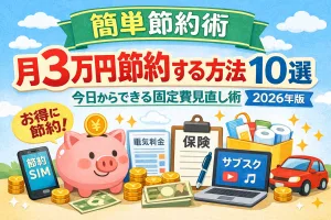 簡単節約術で月3万円節約する方法を解説する固定費見直しのイラスト（2026年版）