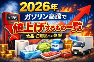 2026年のガソリン高騰で値上げする食品や日用品を示したイラスト。トイレットペーパーや牛乳、配送トラックなど生活への影響を解説