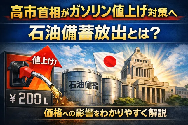 ガソリン値上げ対策として政府が検討する石油備蓄放出とガソリン価格への影響を解説するイメージ画像