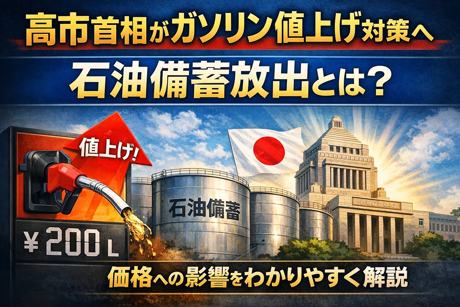 ガソリン値上げ対策として政府が検討する石油備蓄放出とガソリン価格への影響を解説するイメージ画像