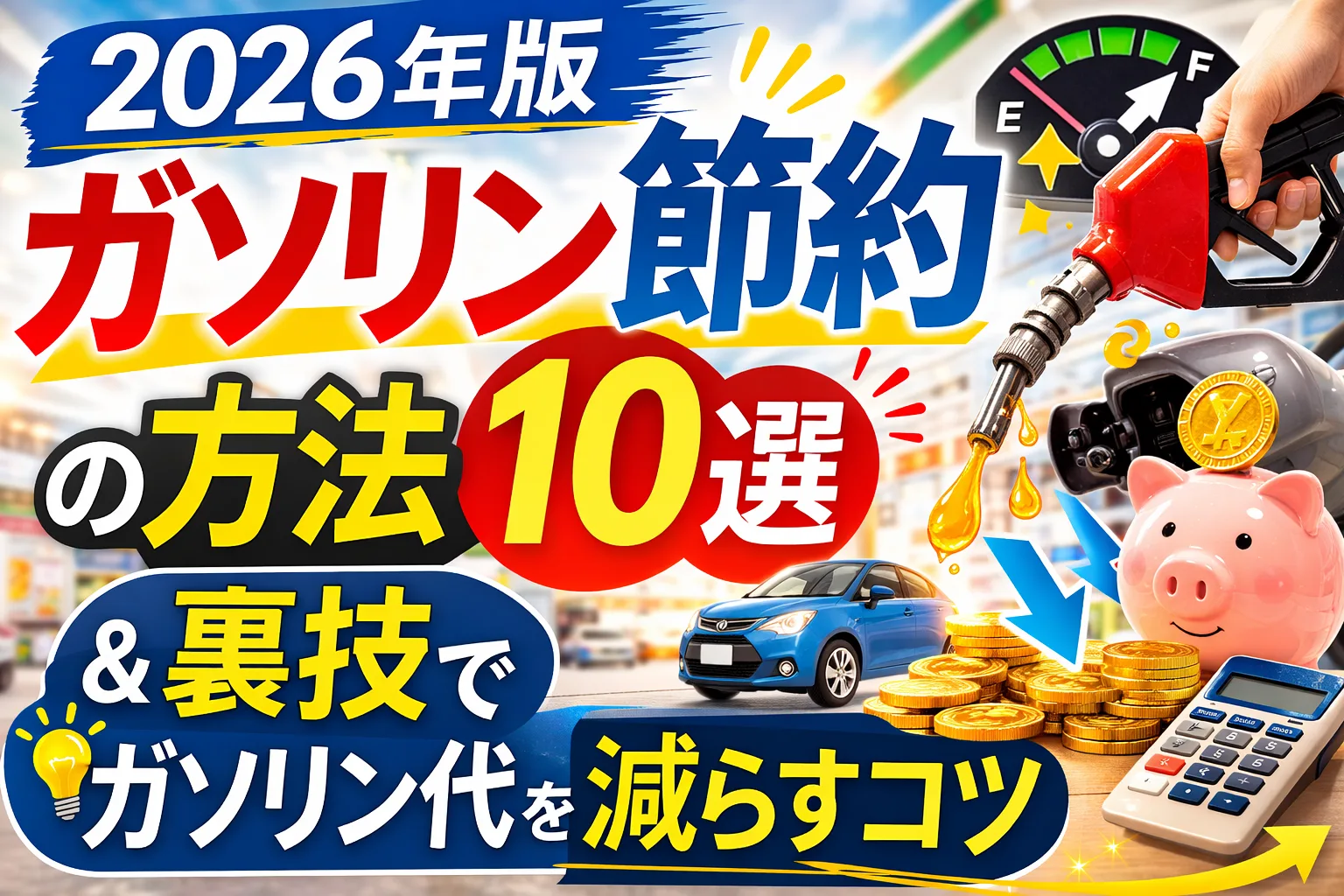 2026年版ガソリン節約の方法10選と裏技｜燃費を良くしてガソリン代を減らすコツを解説する記事タイトル画像