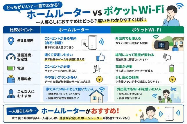 ホームルーターとポケットWi-Fiの違いを比較した図解。一人暮らしにおすすめの使い方や速度・料金・安定性の違いをわかりやすく解説