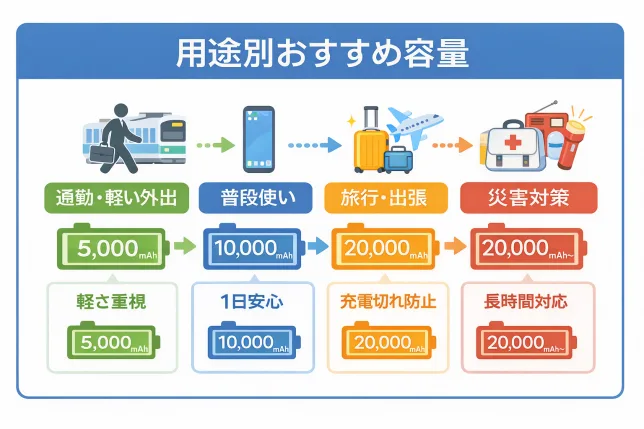 モバイルバッテリー容量(mAh)の目安を用途別にまとめた図解|5000mAh・10000mAh・20000mAhの違い