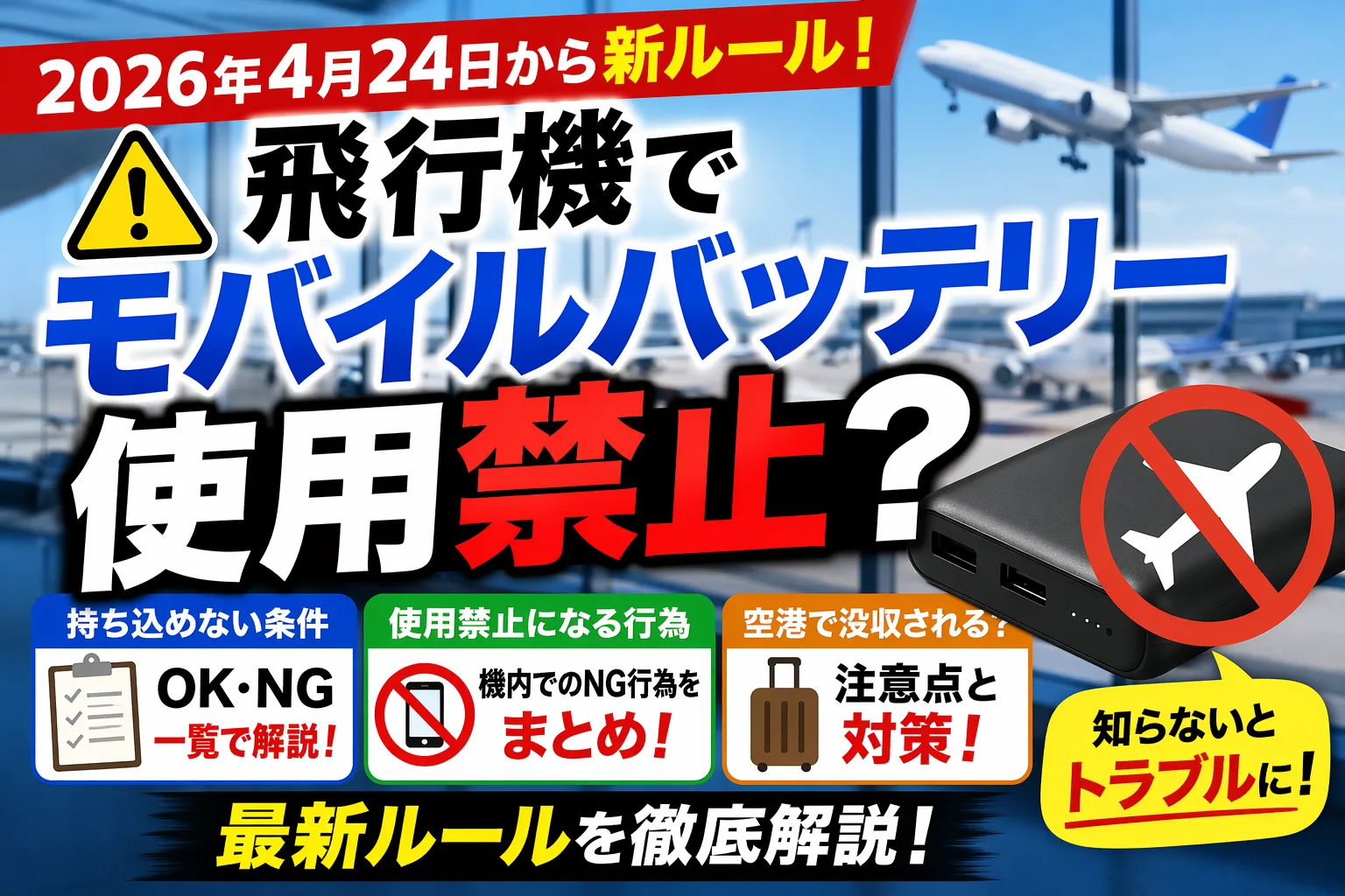 飛行機でモバイルバッテリーは使用禁止?2026年4月24日からの新ルールと持ち込み制限を解説するイメージ