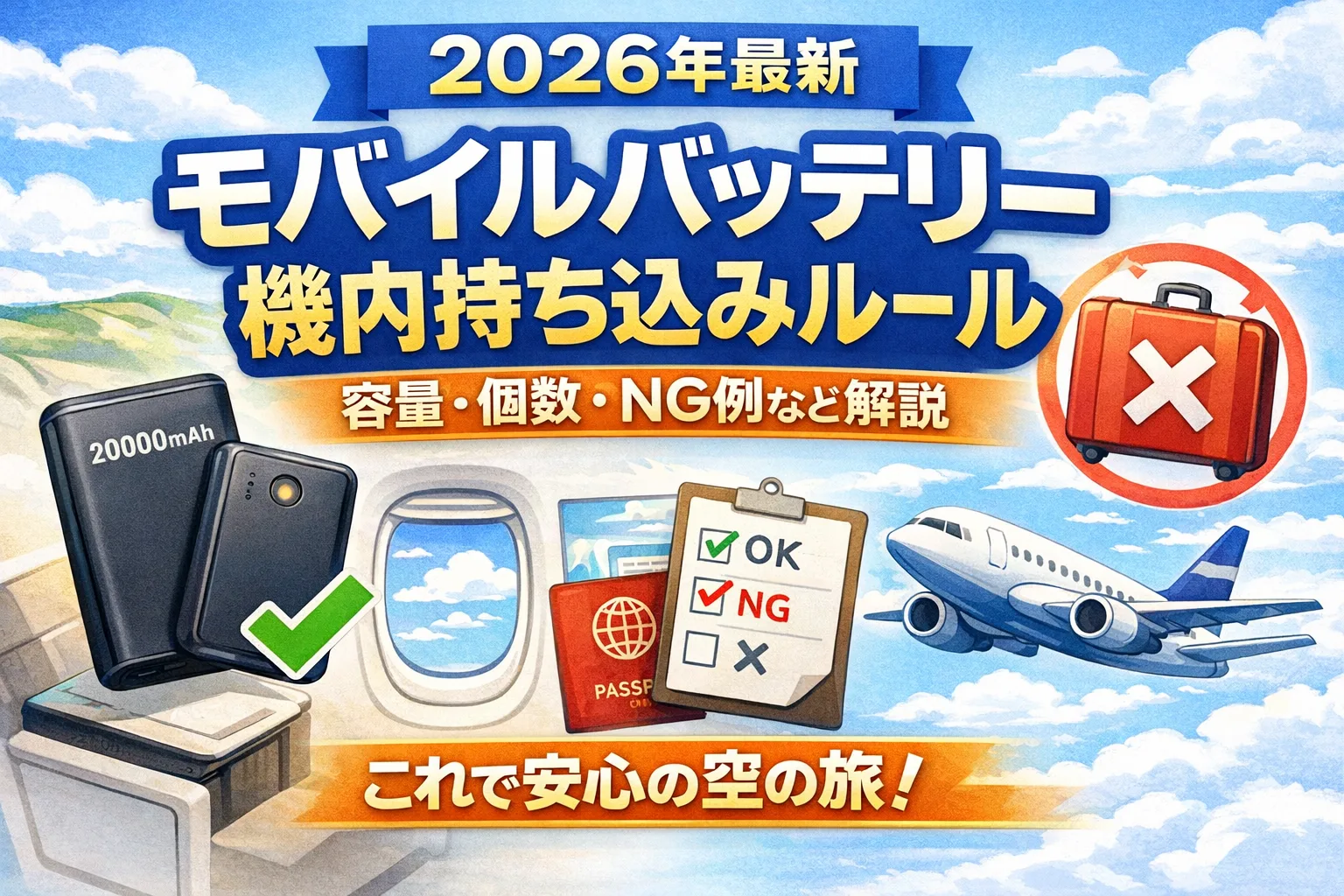 2026年最新のモバイルバッテリー機内持ち込みルールを解説したイラスト。容量(Wh)制限や個数制限、NG例をわかりやすくまとめた画像