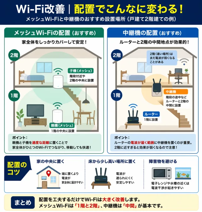 Wi-Fiルーターの配置方法を比較（メッシュWi-Fiと中継機の設置例を図解）