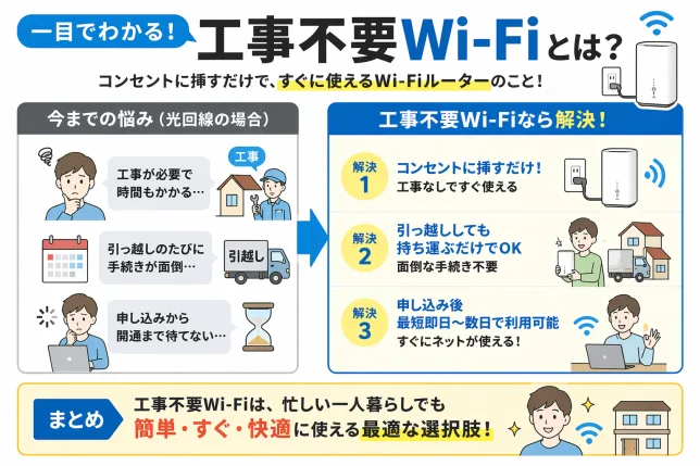 一人暮らし向け工事不要Wi-Fiルーターの仕組みとメリットを解説した図解。光回線との違いや、すぐ使える特徴をわかりやすく説明