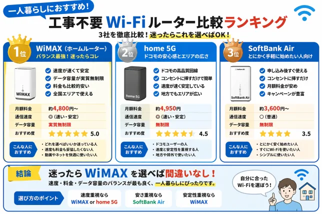 一人暮らしにおすすめの工事不要Wi-Fiルーターランキング比較。WiMAX・home 5G・SoftBank Airの特徴や違いをまとめた図解