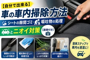車の車内掃除方法を解説した画像。シートの隙間のゴミ除去や嘔吐物の処理、ニオイ対策のポイントを紹介