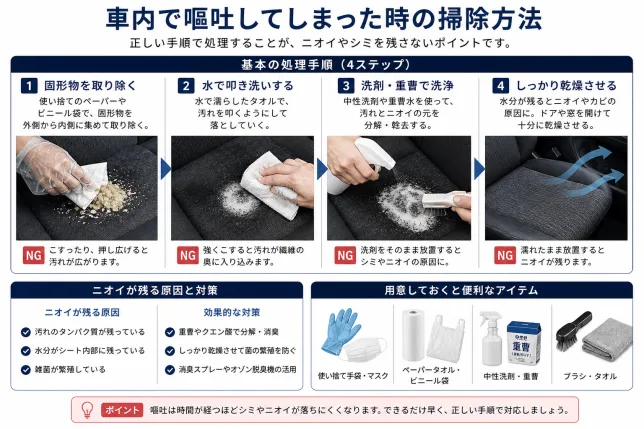 車内で嘔吐してしまった時の掃除方法とニオイ対策の手順を解説した画像
