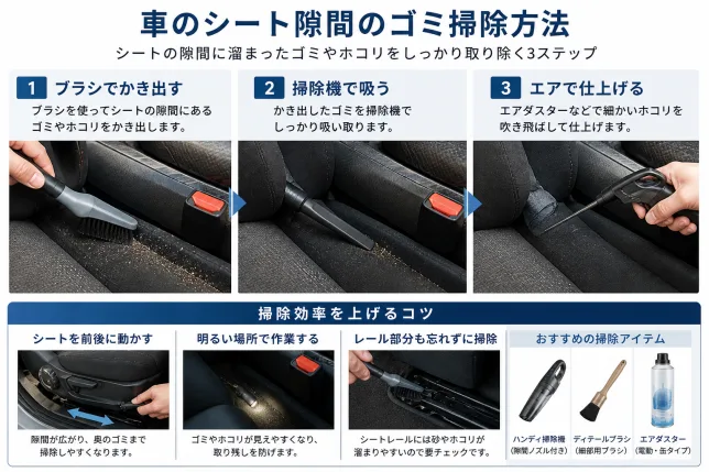 車のシート隙間のゴミ掃除方法（ブラシでかき出す・掃除機で吸う・エアで仕上げる手順）