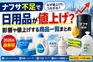 ナフサ不足による日用品の値上げを解説するイメージ画像。トイレットペーパーや洗剤、ゴミ袋など影響を受ける商品を示している