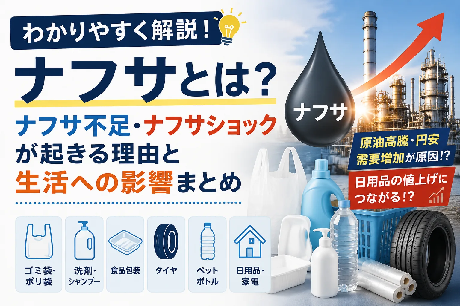 ナフサ不足やナフサショックの原因と生活への影響をわかりやすく解説したイメージ画像