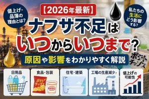 2026年のナフサ不足はいつからいつまで続くのか、原因や日用品・食品への影響を解説したイメージ画像