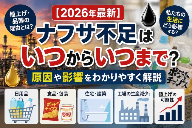 2026年のナフサ不足はいつからいつまで続くのか、原因や日用品・食品への影響を解説したイメージ画像