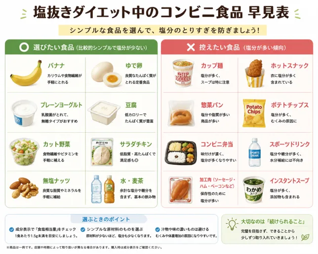 塩抜きダイエット中にコンビニで選びたい食品と控えたい食品を比較した早見表