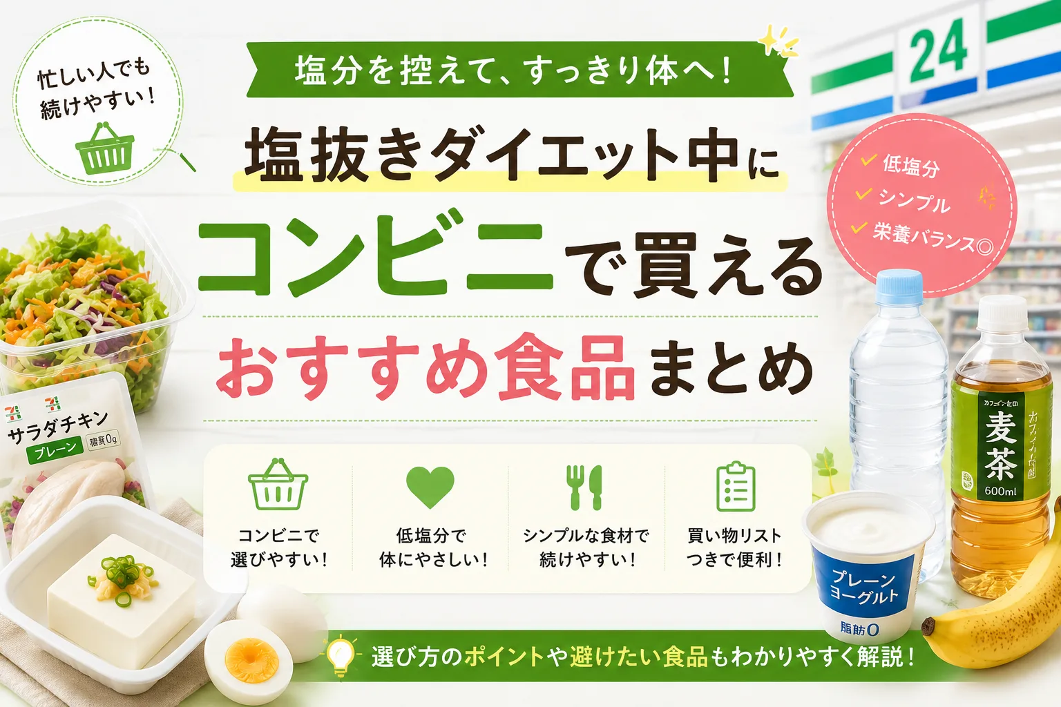 塩抜きダイエット中にコンビニで買えるおすすめ食品を紹介した記事タイトル画像