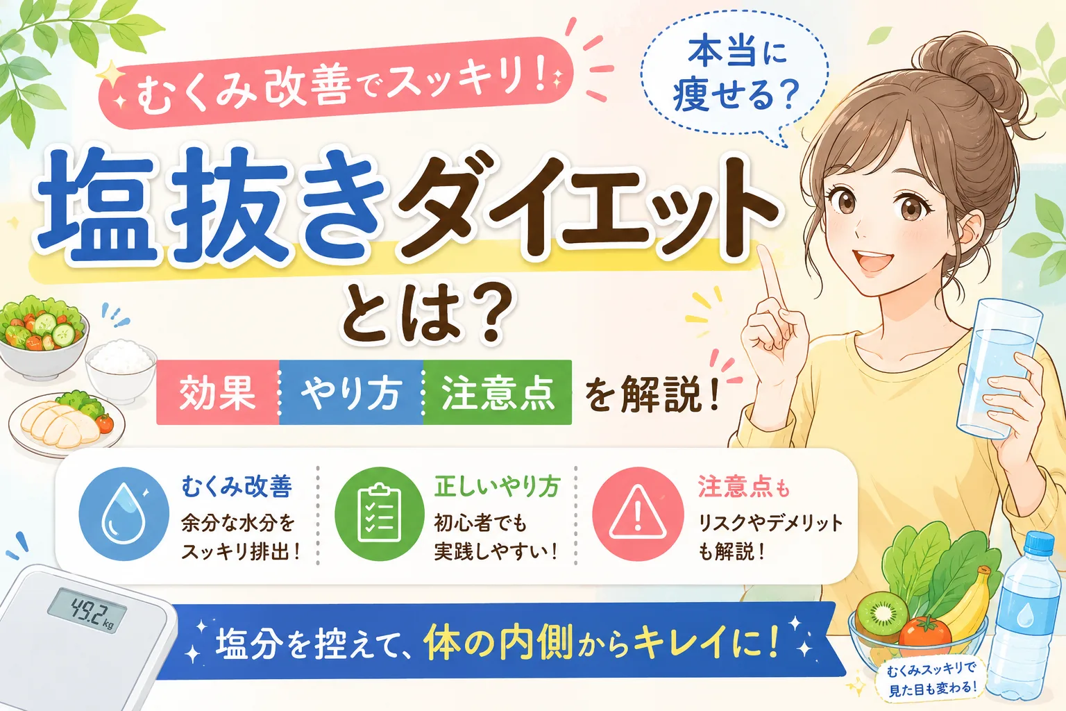 塩抜きダイエットの効果ややり方、注意点をわかりやすく解説したイラスト付きタイトル画像