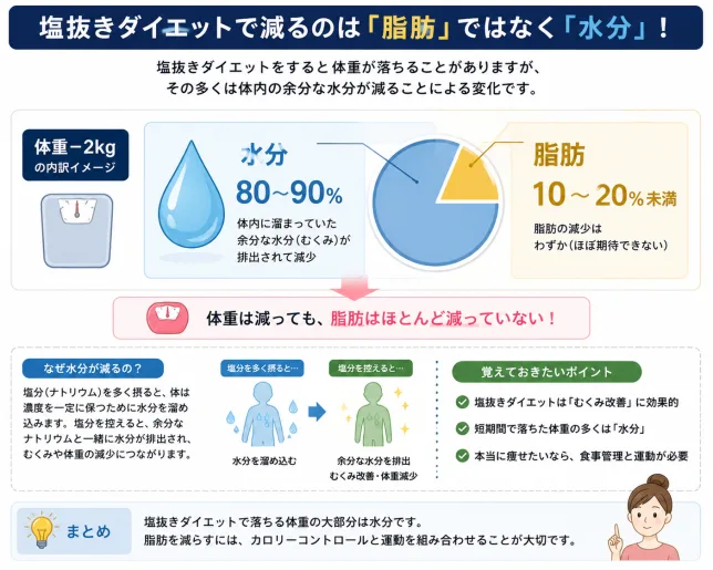塩抜きダイエットで減るのは脂肪ではなく水分が中心であることを解説した図解