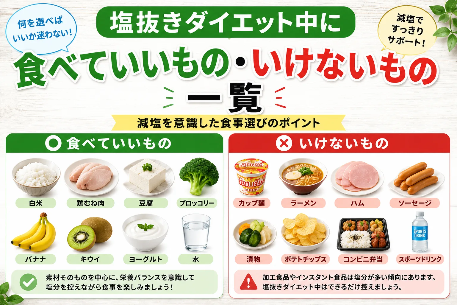 塩抜きダイエット中に食べていいものといけないものを一覧でまとめた比較画像