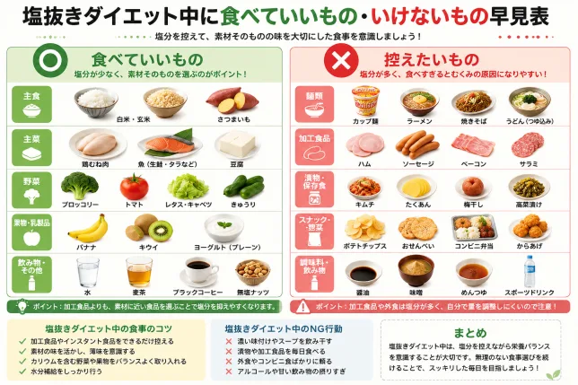 塩抜きダイエット中に食べていいものといけないものを比較した一覧図解