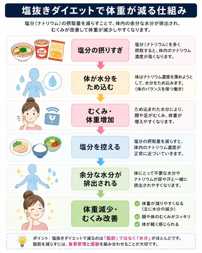塩抜きダイエットで体重が減る仕組みをわかりやすく解説した図解