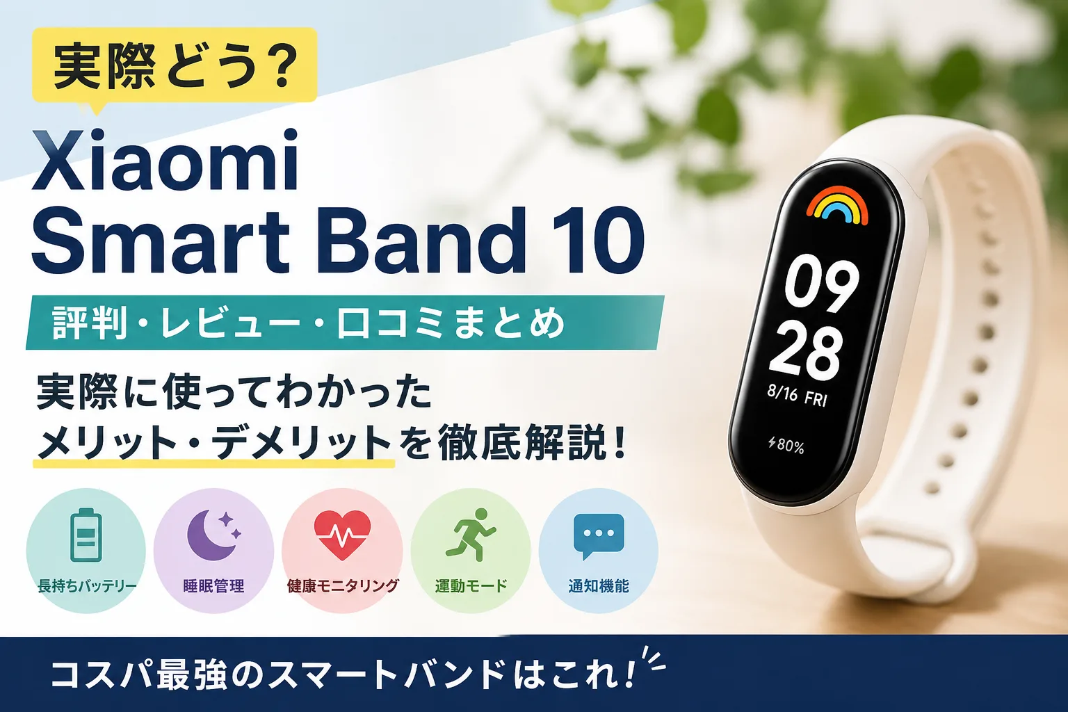 Xiaomi Smart Band 10の評判や口コミをレビュー形式で紹介するスマートウォッチ記事のタイトル画像