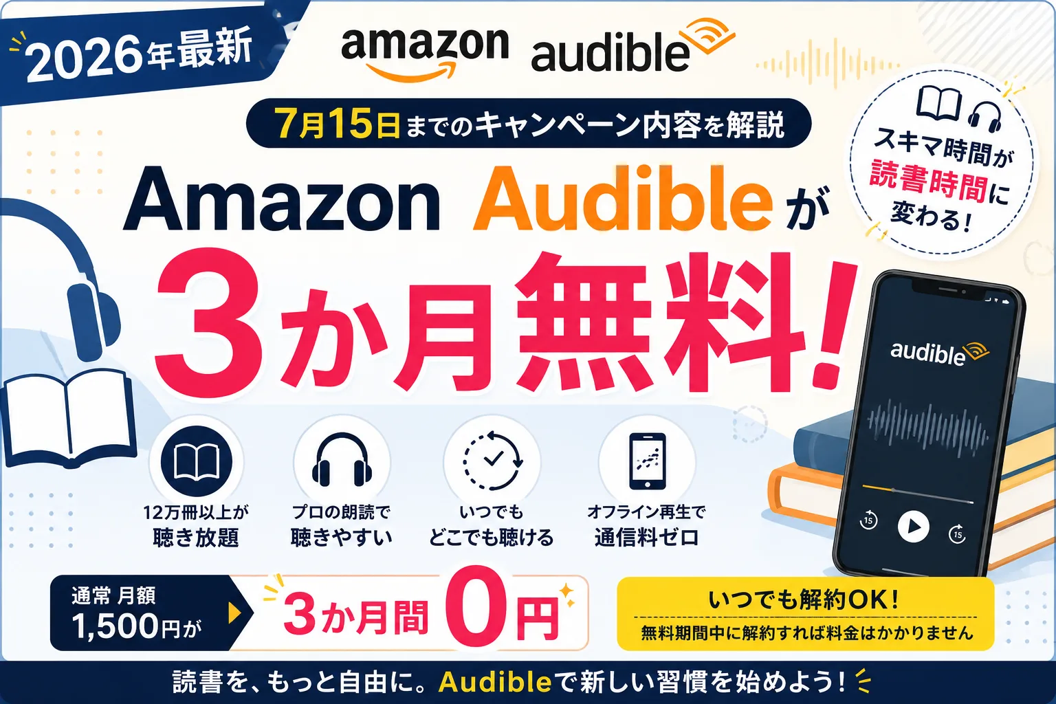Amazon Audibleの3か月無料キャンペーンを紹介する画像。2026年7月15日までの期間限定キャンペーン内容を解説。