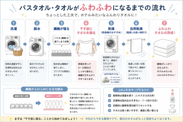 バスタオル・タオルをふわふわにする方法の流れを図解したイラスト