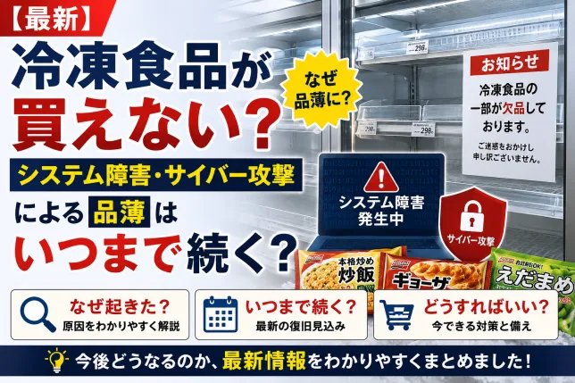 冷凍食品のシステム障害・サイバー攻撃による品薄を解説したタイトル画像