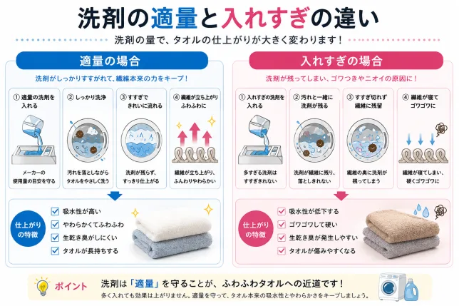 タオルをふわふわに保つための洗剤の適量と入れすぎの違いを比較した図解