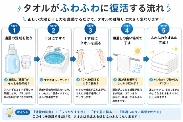タオル・バスタオルをふわふわに復活させる正しい洗濯方法の流れ